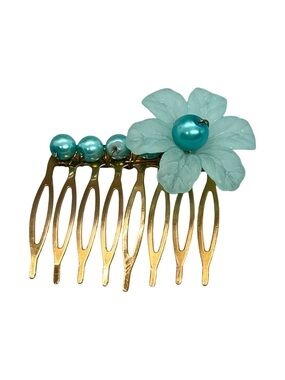 Gold Hair Comb with Aqua Flower and Pearls FINAL PRICE DROP